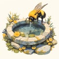 Bee Drinking Water from Stone Fountain, Nature Illustration Royalty Free Stock Photo