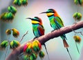 Bee-eaters with multicolored feathers sitting on the tree branch. Generative AI Royalty Free Stock Photo