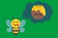 bee with face savouring delicious food and thought bubble with honey pot,emoji vector illustration