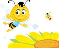 Bee Flies over Yellow Flower - Cute Vector Cartoon Illustration Royalty Free Stock Photo