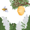 A bee flies to the hive with honey, lilac in the forest. Vector illustration