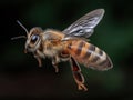 A bee in flight, isolated on green background Royalty Free Stock Photo