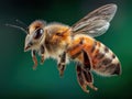 A bee in flight, isolated on green background Royalty Free Stock Photo