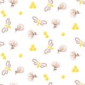 Bee and florals seamless vector pattern. Hand drawn cute simple repeat illustration.