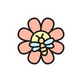 Bee on flower, apiary, beekeeping flat color line icon.