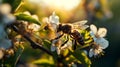 Bee on the flower of a cherry tree in the rays of the setting sun Generative AI Royalty Free Stock Photo