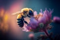 Bee on the flower. Close up striped bee collecting pollen on a purple flower