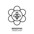 Bee on a flower line icon. Symbol of beekeeping. Editable stroke Royalty Free Stock Photo