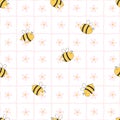 Bee with flowers and square grid on white background baby seamless pattern hand drawn cartoon background for baby clothes, blanket Royalty Free Stock Photo