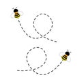 Bee flying on a dotted route isolated on the white background