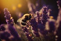 a bee flying over a bunch of lavender flowers in a field of lavenders in the sunlight.generative ai Royalty Free Stock Photo