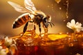bee flying over golden honey drop macro, generative AI Royalty Free Stock Photo