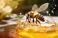 bee flying over golden honey drop macro, generative AI Royalty Free Stock Photo