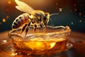 bee flying over golden honey drop macro, generative AI Royalty Free Stock Photo