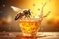 bee flying over golden honey drop macro, generative AI Royalty Free Stock Photo