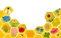 Bee friendly flowers on the honeycomb background. Save the bees concept. Pollinator friendly plants