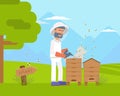 Bee fumigation, smoking flat vector illustration isolated on nature background