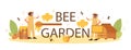 Bee garden typographic header. Professional farmer with hive and honey