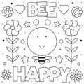 Bee happy. Coloring page. Vector illustration. Bee, flowers.
