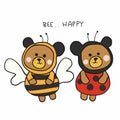 Bee happy , Brown bear wear bee and ladybird beetle cartoon illustration Royalty Free Stock Photo