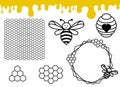 Bee hive and honeycomb pattern. Honey drips border.