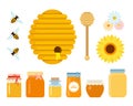 Bee hive, wooden honey spoon, three bees, wildflowers and glass jars with honey of different sizes flat isolated Royalty Free Stock Photo