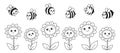 Bee honey characters flowers linear cartoon set comics kids honeybee insect characters retro design