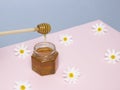 Bee honey drips from a wooden spatula into a glass jar. Pink and blue background, daisies. Useful farm products