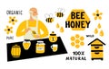 Bee honey funny doodle set. Beekeeper, apiculture, food market seller. Cute cartoon hand drawn vector illustration, isolated on