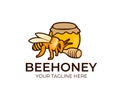 Bee, honey in glass jar and wooden honey dipper, logo template. Beekeeping, apiary and agriculture, farming, vector design Royalty Free Stock Photo