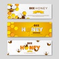 Bee honey horizontal banners with paper cut style letters, comb and bees, vector illustration. Royalty Free Stock Photo