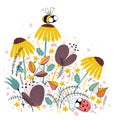 Honey bee illustration with floral background. Royalty Free Stock Photo