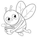 Bee with honey pot. Vector black and white coloring page