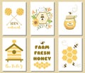 Bee honey set Cute card templates Honey jar, floral bee honeycomb, text, hive spoon banner organic collection