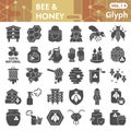 Bee and honey solid icon set, beekeeping symbols collection or sketches. Bee glyph style signs for web and app. Vector Royalty Free Stock Photo