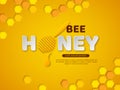 Bee honey typographic design. 3d paper cut style letters, comb and dipper. Yellow background, vector illustration.
