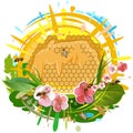 Bee honeycomb. Bees collect nectar, extract honey, put them in wax cells. The lights of a sun. Vector isolated object on white bac Royalty Free Stock Photo