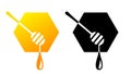 Bee honeycomb with honey dripping from spoon icon. Yellow symbol sweet nectar flowing from wooden stick.