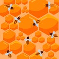 Bee and honeycomb vector pattern. Beekeeping and apiary theme with yellow honeycomb full of honey and cartoon bees. Bee