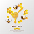 Bee with honeycombs and dipper, paper cut ctyle. Template design for beekiping and honey product. White background