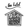 Bee hotel insect butterfly bug house, wooden object produced to mimic the solitary bees natural breeding nests. Doodle by hand Royalty Free Stock Photo