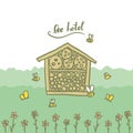 Bee hotel insect butterfly bug house, wooden object produced to mimic the solitary bees natural breeding nests. Doodle by hand Royalty Free Stock Photo