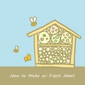 Bee hotel insect butterfly bug house, wooden object produced to mimic the solitary bees natural breeding nests. Doodle by hand Royalty Free Stock Photo