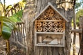 A bee hotel or wooden insect house mounted on a tree offer protection and a nesting aid to wild bees and other insects Royalty Free Stock Photo