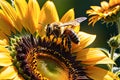 Bee Hovering Over a Vibrant Sunflower - Macro Lens Photography, Foreground Focus Detailing Intricate Beauty