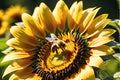 Bee Hovering Over a Vibrant Sunflower - Macro Lens Photography, Foreground Focus Detailing Intricate Beauty