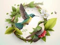 A bee and a hummingbird encircled by a wreath of green leaves highlighting the importance of biodiversity and natural