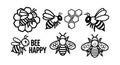 Bee icons collection with happy message and honeycomb vector set for nature and environment design elements Royalty Free Stock Photo