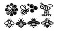 Bee icons and illustrations with honeycombs and happy message vector set for design use Royalty Free Stock Photo