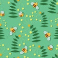 Bee kind funny inspirational background with flying bees in flat vector style, good time.